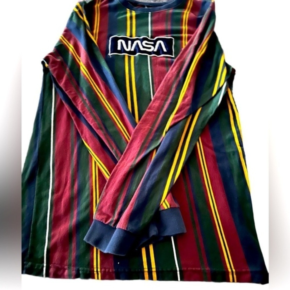 Men’s Multi Colored Vertical Striped NASA Graphic Long Sleeve Tee Shirt Size S